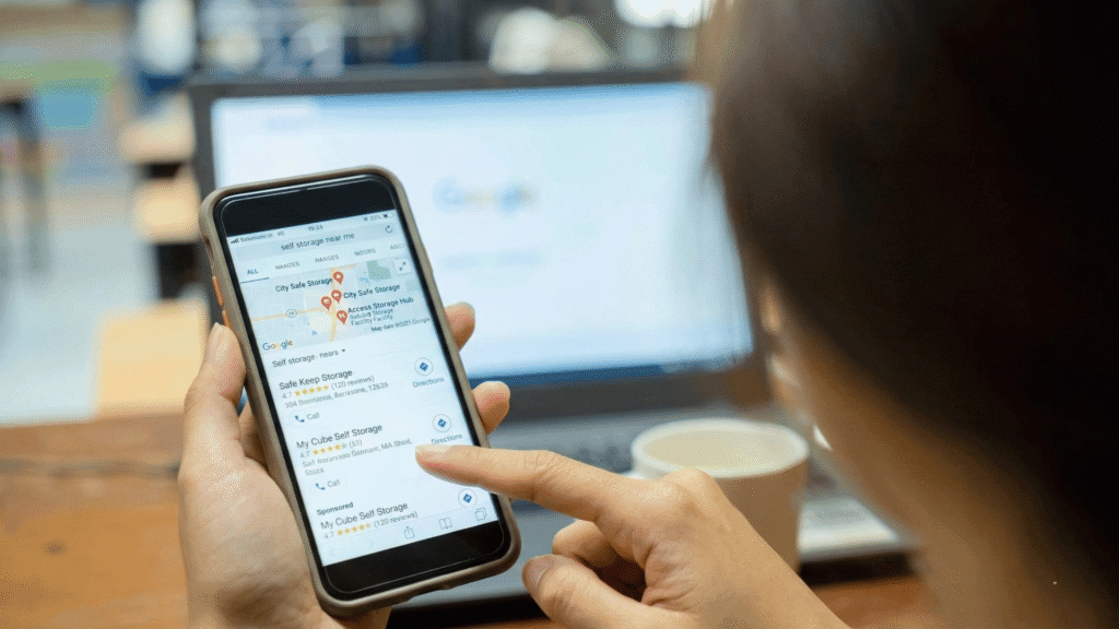 Woman using phone for zero-click search for self storage