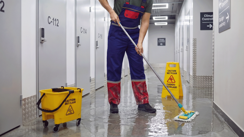 Cleaning water damage inside a self storage facility hallway
