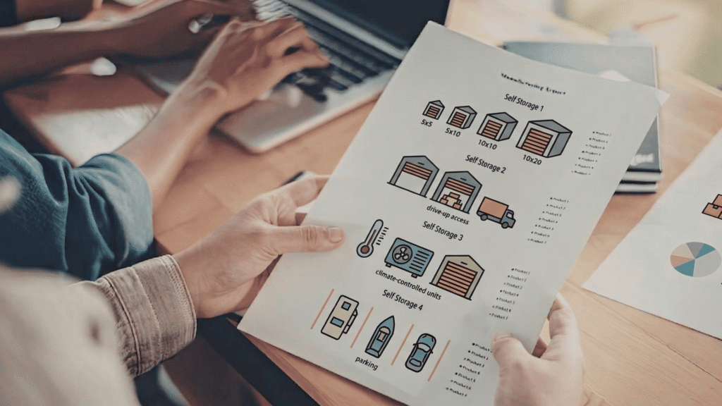 Planning a storage unit mix strategy with different unit sizes and storage types on a report