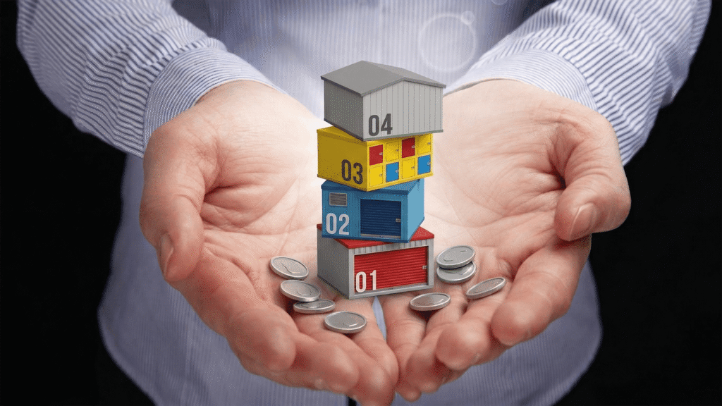 Storage unit mix strategy concept showing different unit sizes stacked with coins for profitability