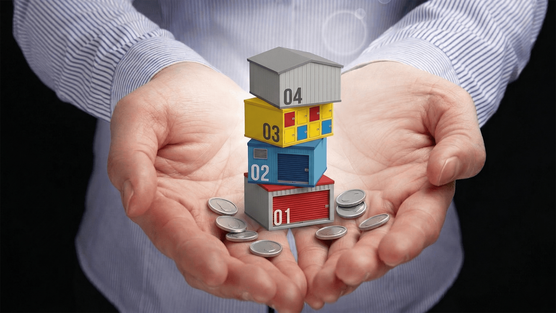 Storage unit mix strategy concept showing different unit sizes stacked with coins for profitability