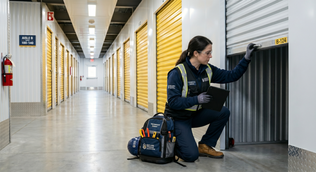 Technician performing self storage maintenance by inspecting a roll-up storage unit door