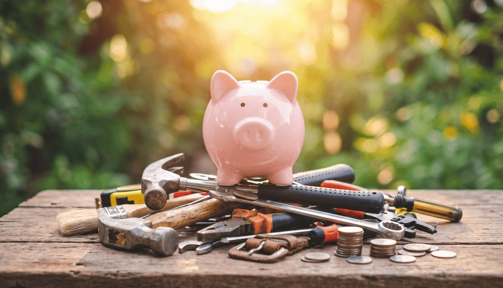 Piggy bank on tools representing cost savings from self storage maintenance