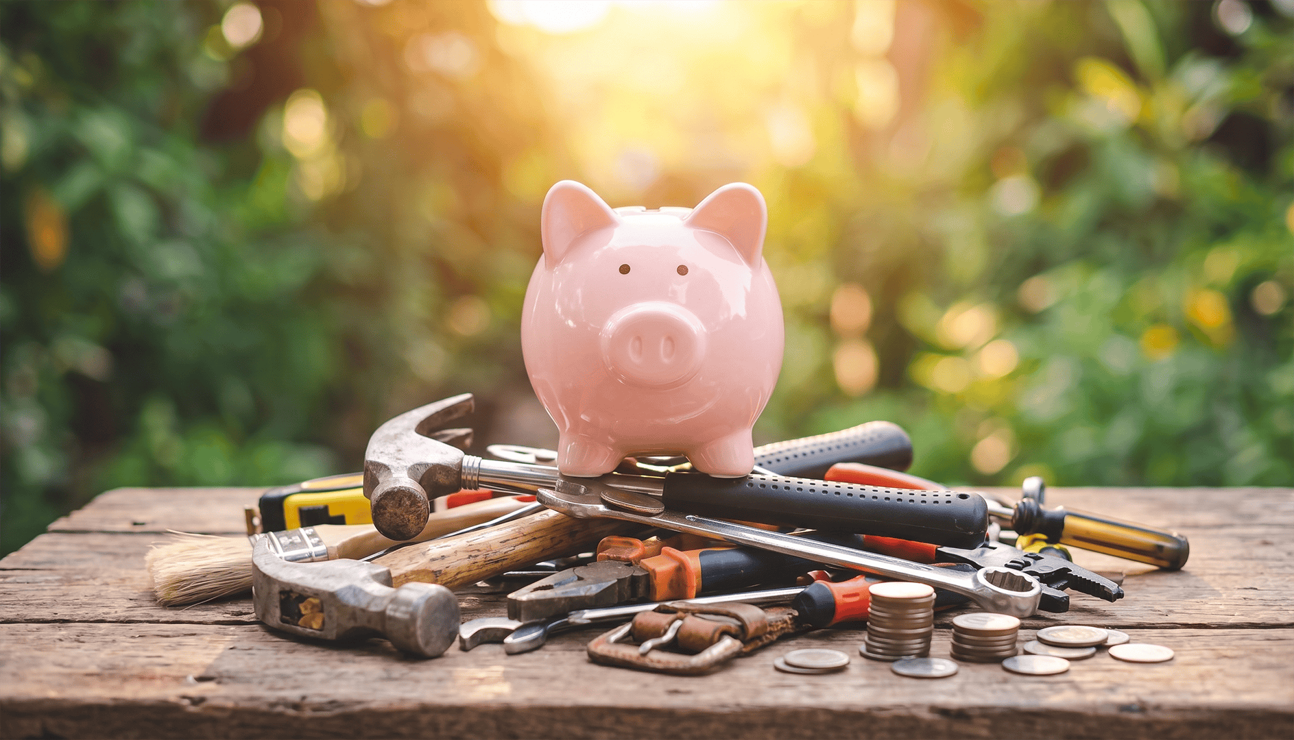 Piggy bank on tools representing cost savings from self storage maintenance