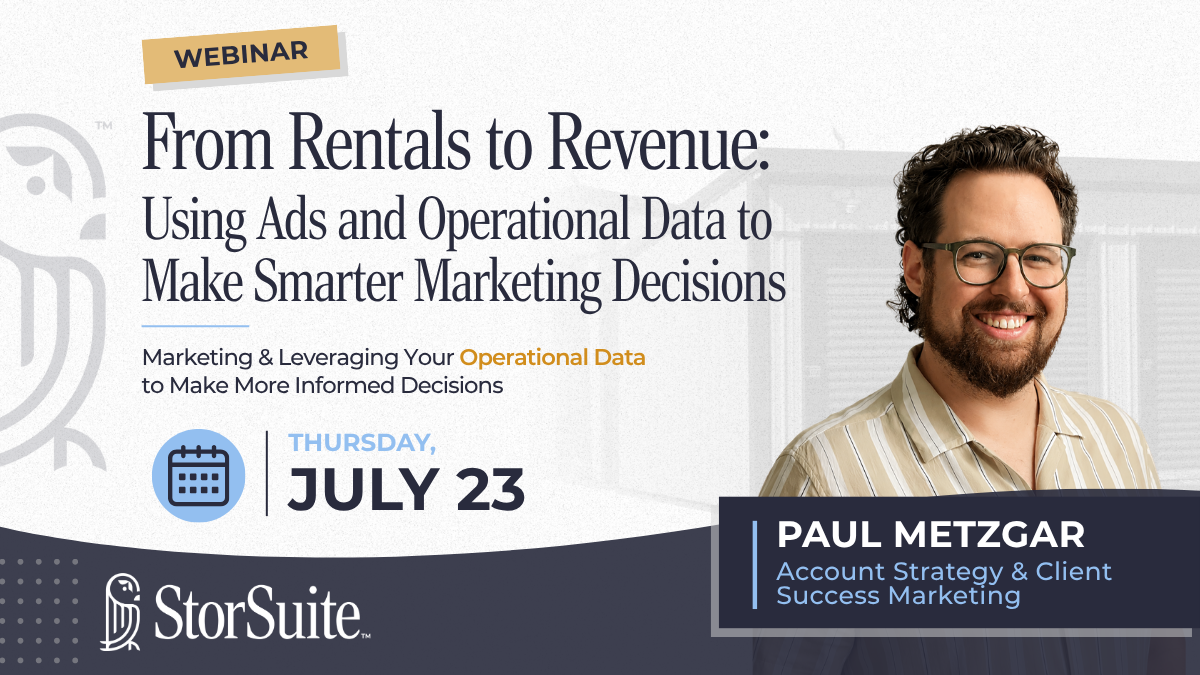 Webinar banner promoting 'From Rentals to Revenue' with a smiling man on the right and StorSuite branding.
